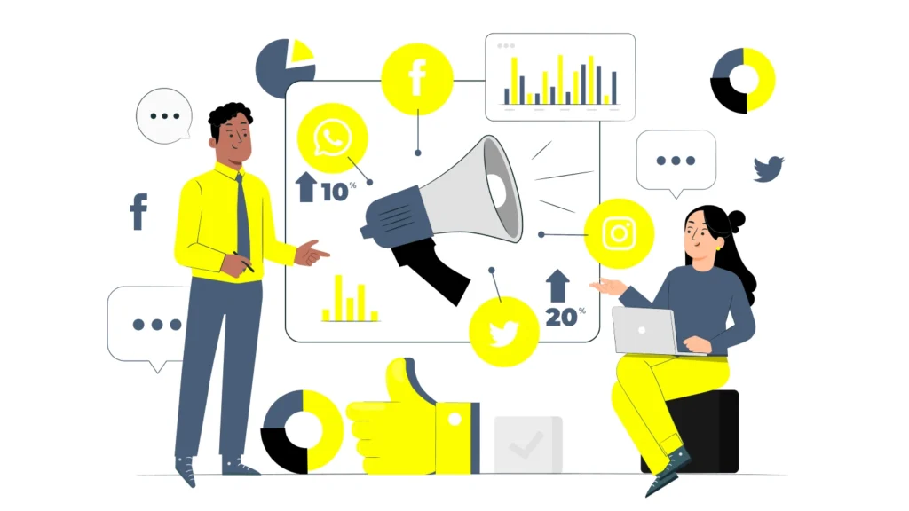 Illustration of marketing professionals using social media platforms and analytics to boost brand performance with a creative agency