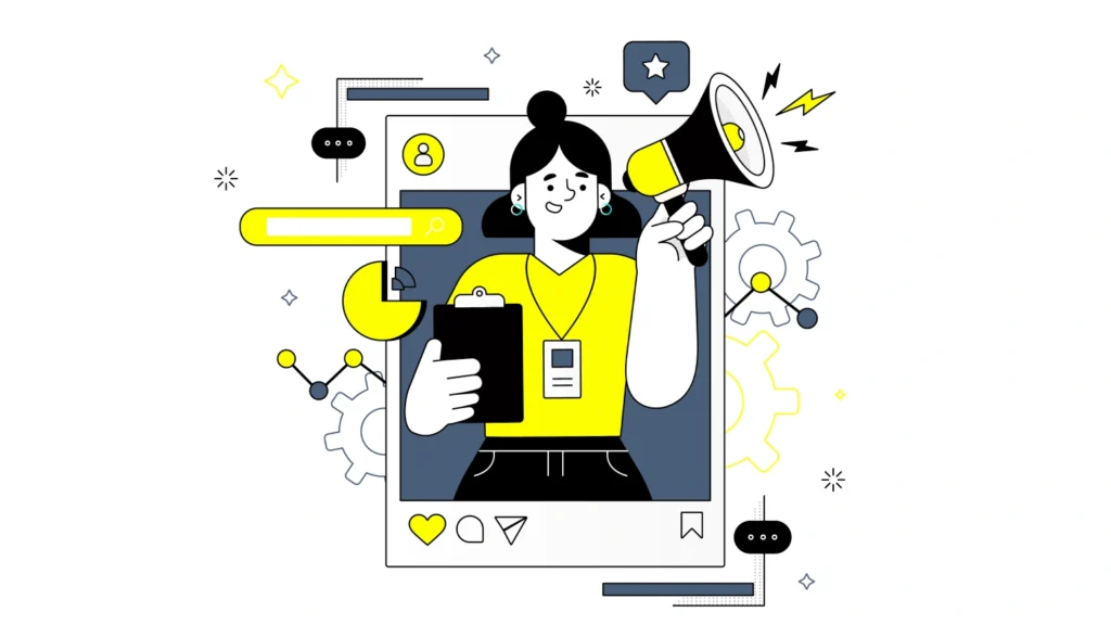 Illustration of a digital marketer analyzing social media trends for 2025 with icons like likes, shares, charts, and engagement metrics