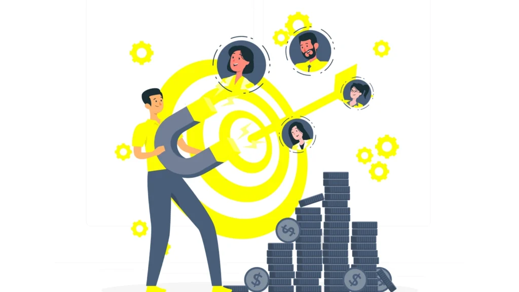 Illustration of a marketer using storytelling to attract and engage audience, targeting customers through brand messaging